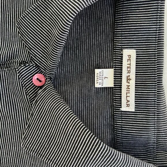 Peter Millar Mens Shirt Large Black White Stripe Pullover Polo Shirt Pink Button - Picture 7 of 8